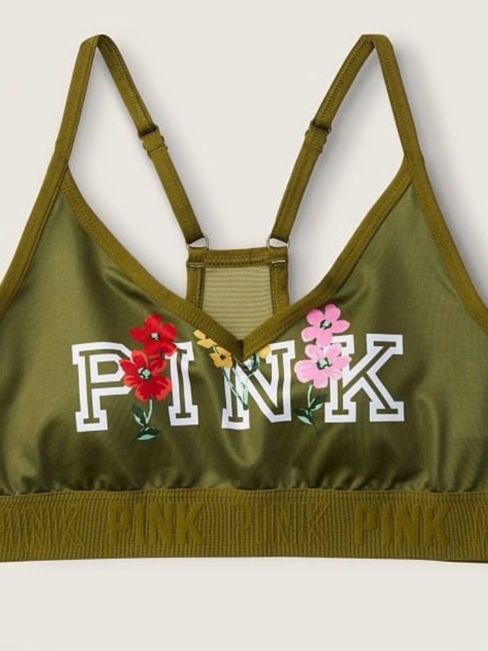 PINK Victoria’s Secret Olive Green Floral Logo Sports Bra Bralette Size S